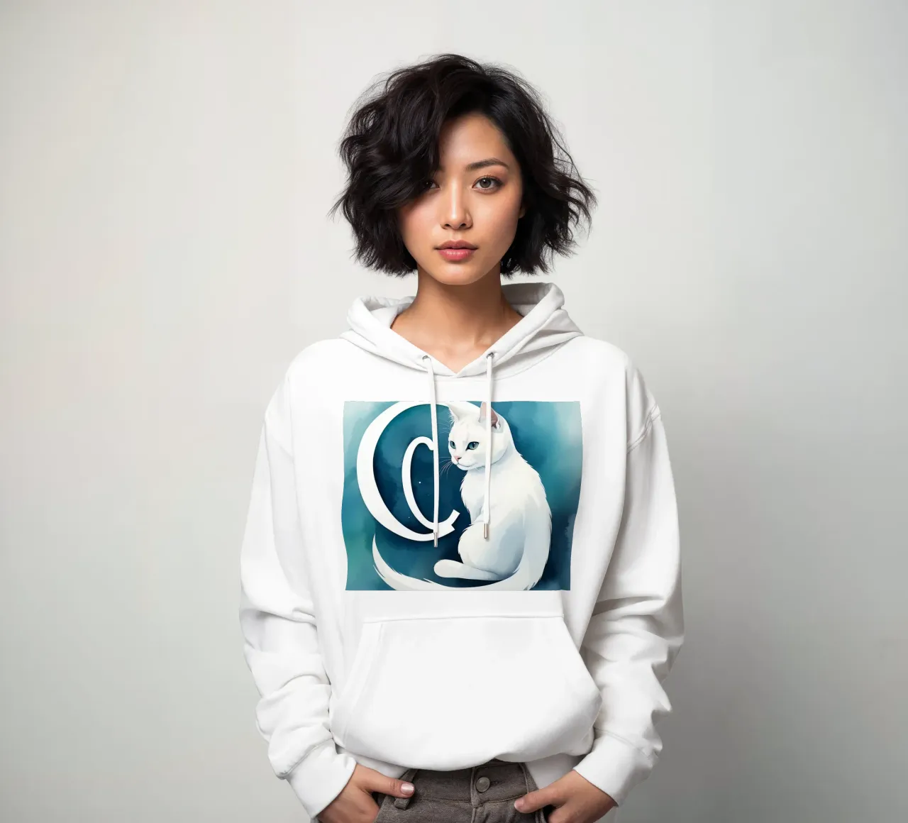 Gatto bianco posa con grazia Con la lettera C felpa con cappuccio da DesignDoodle