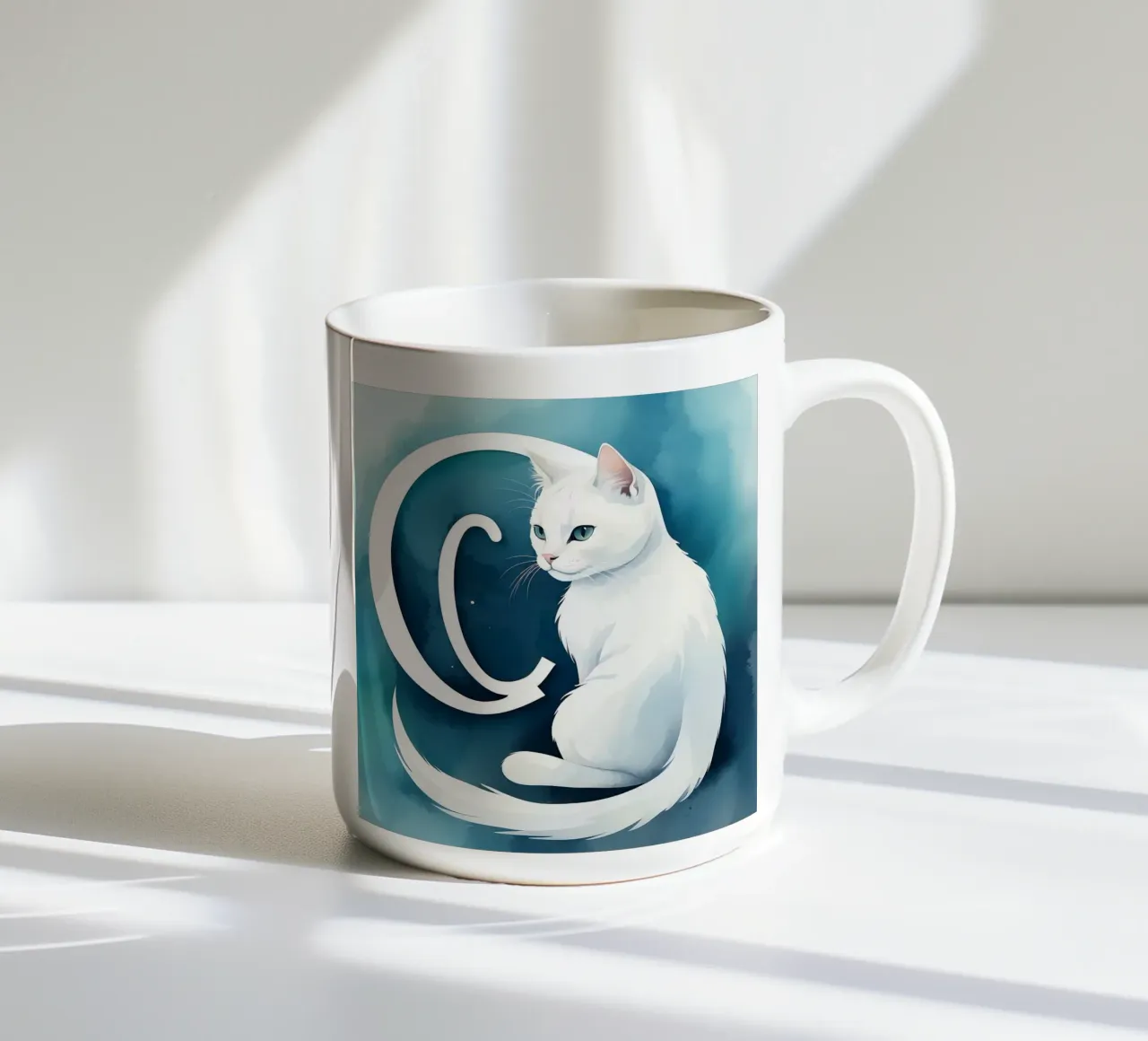Gatto bianco posa con grazia Con la lettera C tazza in ceramica da DesignDoodle