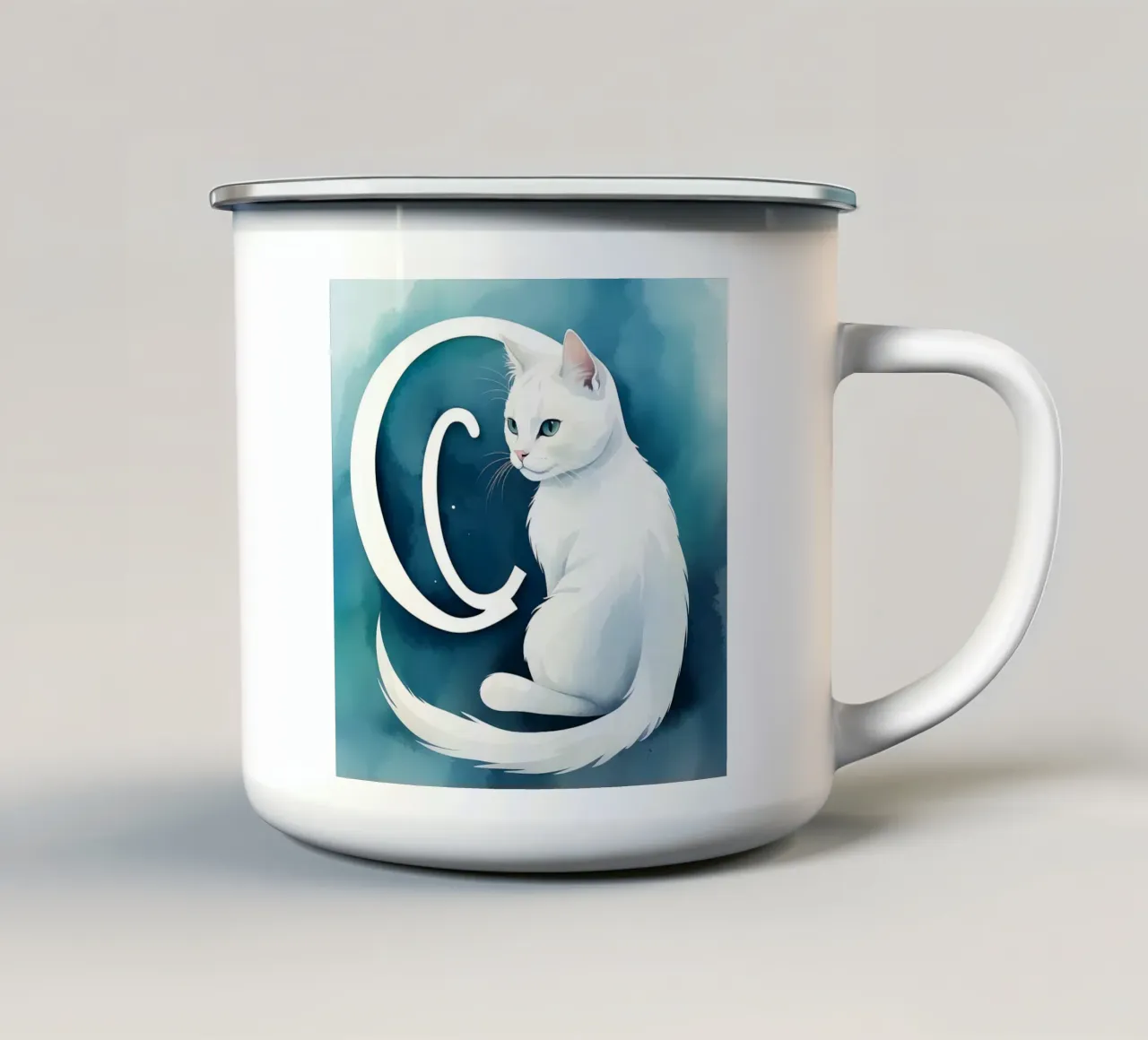 Gatto bianco posa con grazia Con la lettera C tazza in smalto da DesignDoodle