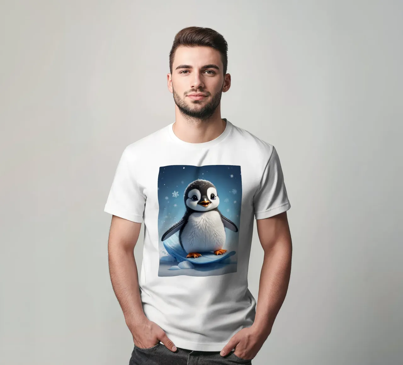 Un pingouin heureux glisse sur une pente de glace tandis que les flocons de neige s'envolent doucement. t-shirt de DesignDoodle