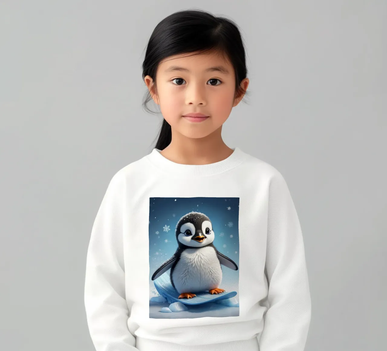 Un pingouin heureux glisse sur une pente de glace tandis que les flocons de neige s'envolent doucement. sweat enfant de DesignDoodle