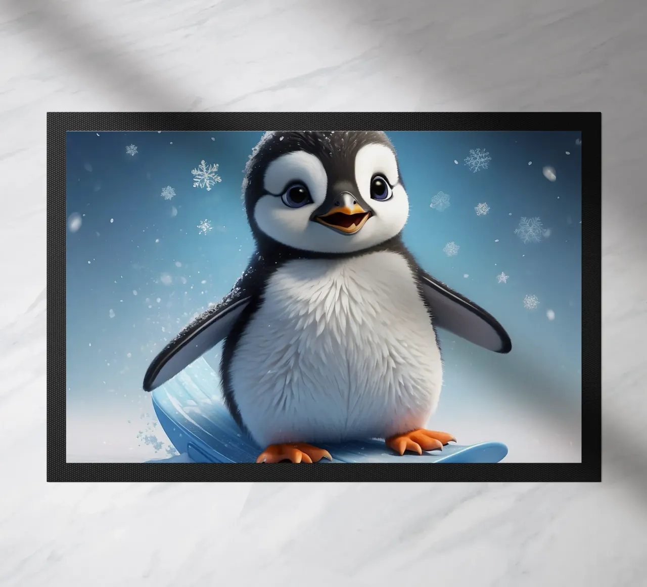 Un pingouin heureux glisse sur une pente de glace tandis que les flocons de neige s'envolent doucement. paillasson de DesignDoodle