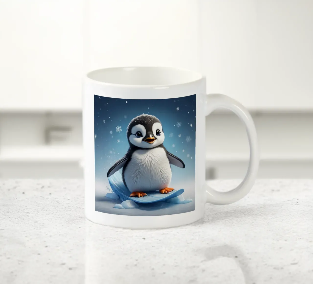Un pingouin heureux glisse sur une pente de glace tandis que les flocons de neige s'envolent doucement. mug en céramique de DesignDoodle