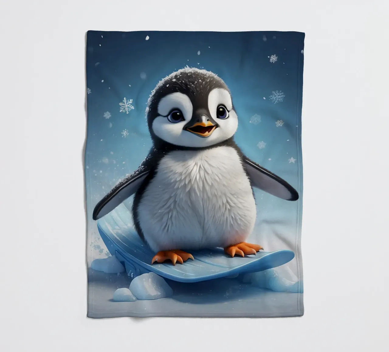 Happy penguin sliding down ice slope while snowflakes gently fleece blanket by DesignDoodle