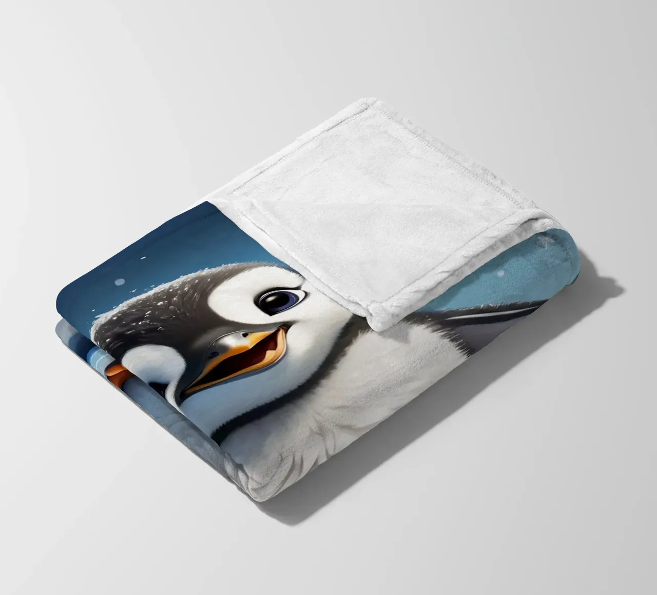 Happy penguin sliding down ice slope while snowflakes gently fleece blanket by DesignDoodle