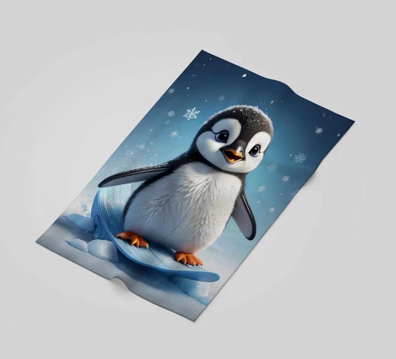 Un pingouin heureux glisse sur une pente de glace tandis que les flocons de neige s'envolent doucement. serviette de plage de DesignDoodle