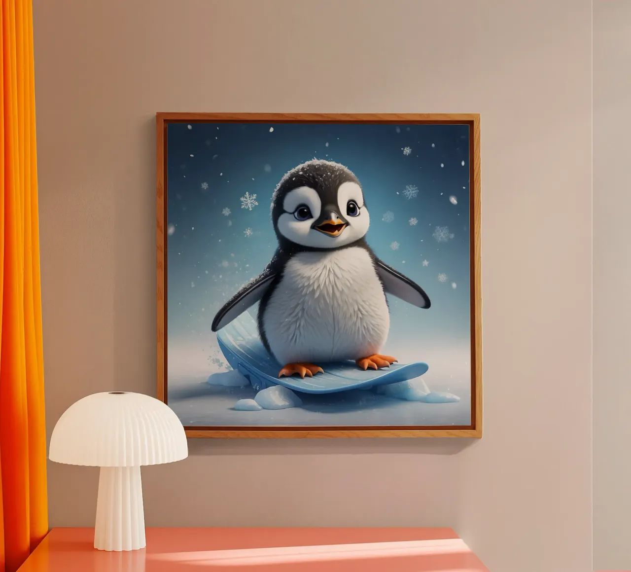Happy penguin sliding down ice slope while snowflakes gently acrylic glass by DesignDoodle