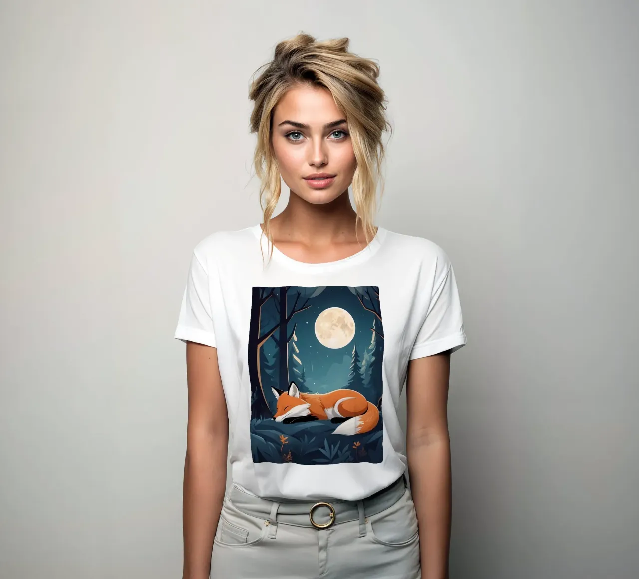 Vos rust vredig uit onder het maanlicht in een dicht bos dames t-shirt getailleerd van DesignDoodle