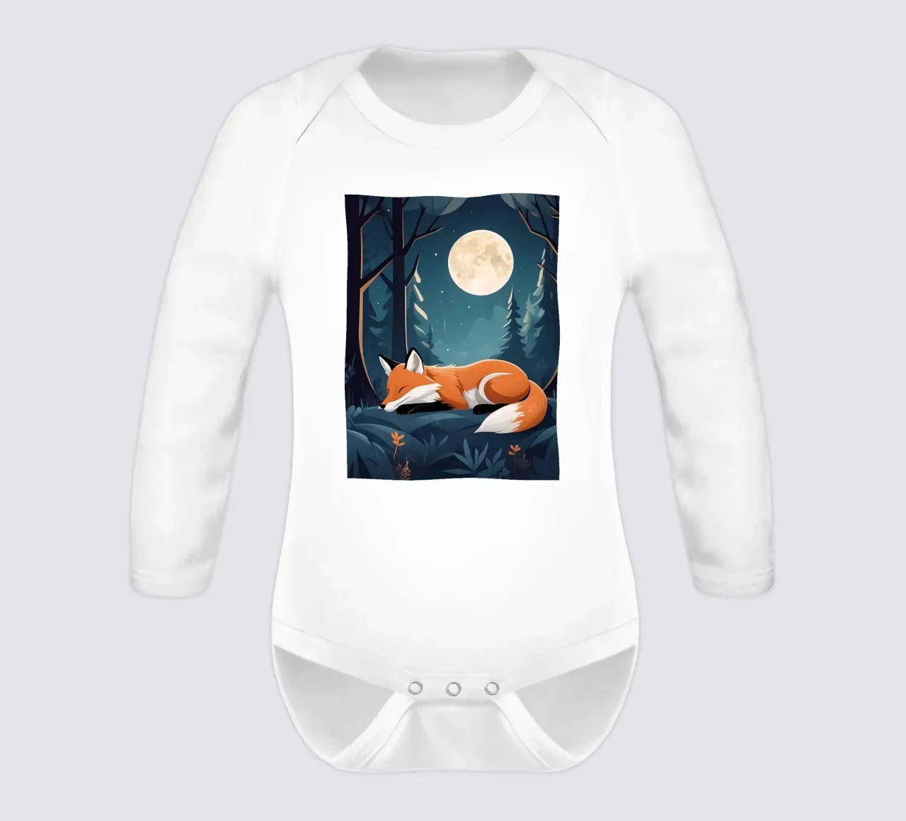 Fox rests peacefully under the moonlight in a dense forest long-sleeve baby romper by DesignDoodle