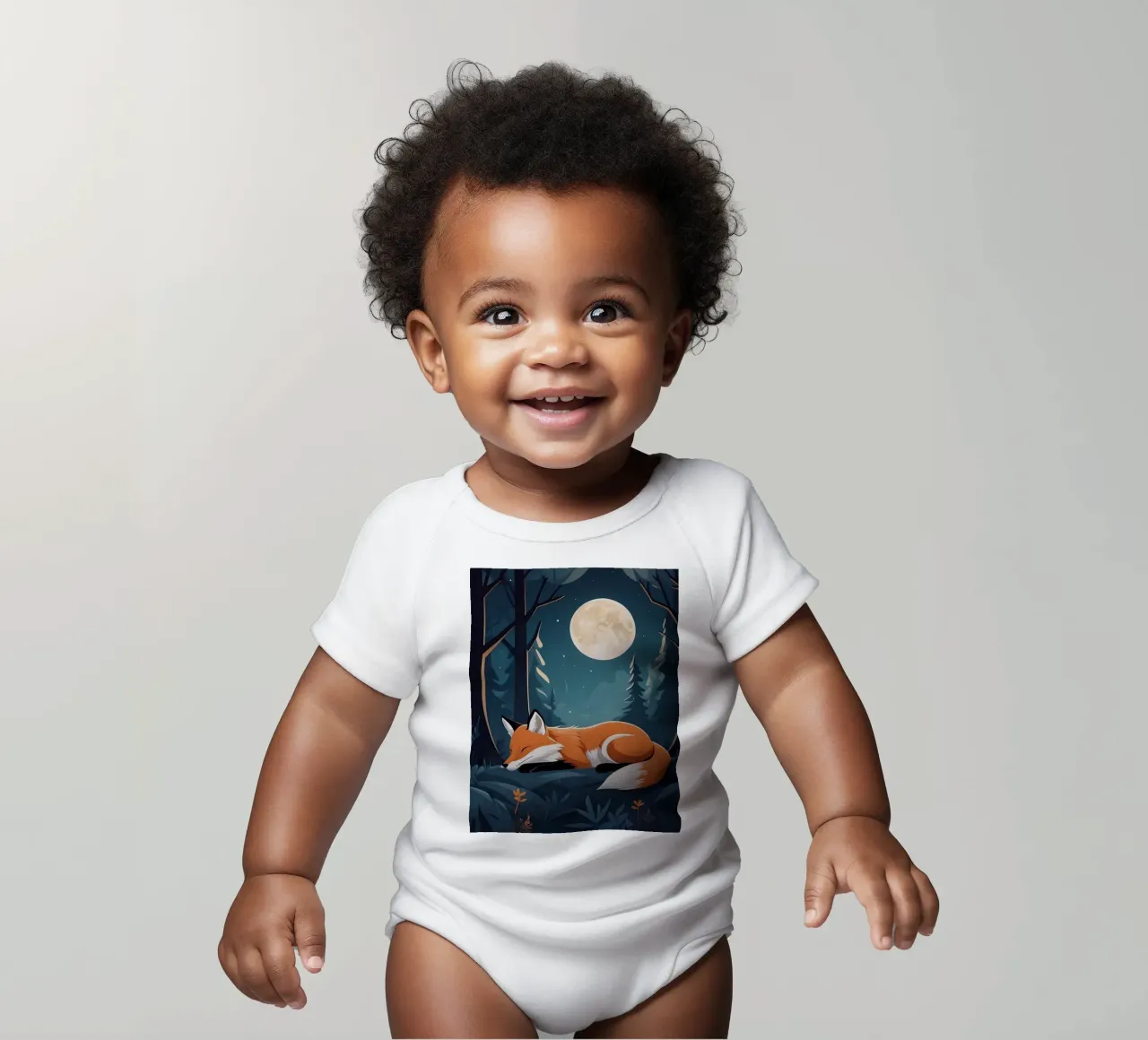 Un renard se repose paisiblement au clair de lune dans une forêt dense. body bébé de DesignDoodle