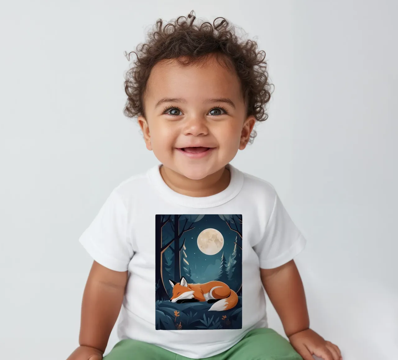 Fox rests peacefully under the moonlight in a dense forest baby t-shirt by DesignDoodle