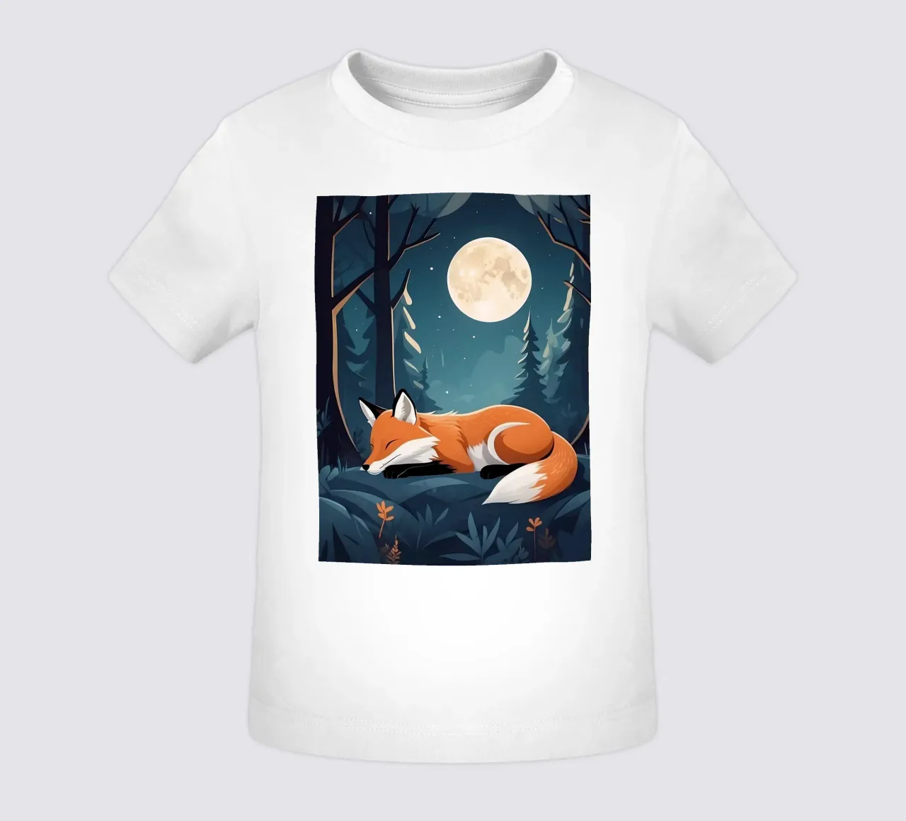 Fox rests peacefully under the moonlight in a dense forest baby t-shirt by DesignDoodle