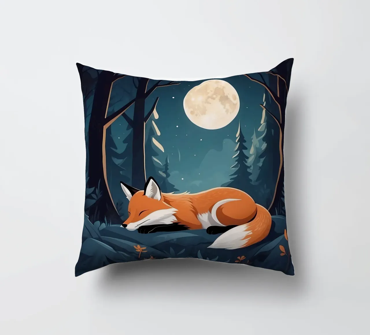 La volpe riposa tranquillamente al chiaro di luna in una fitta foresta cuscino da DesignDoodle