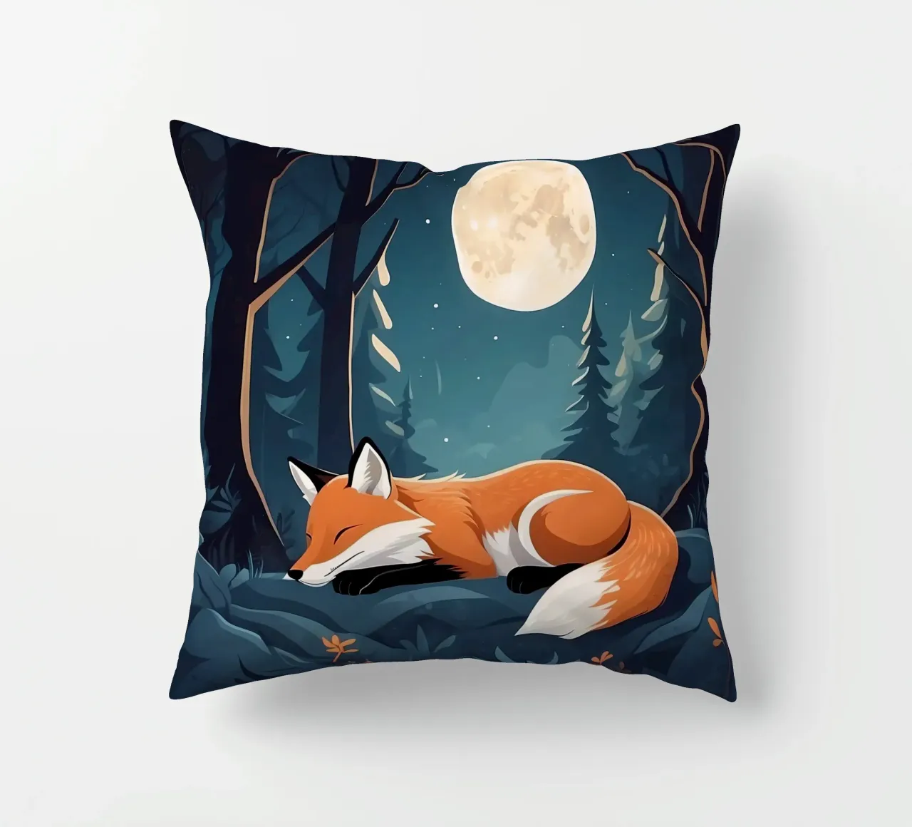 La volpe riposa tranquillamente al chiaro di luna in una fitta foresta cuscino da DesignDoodle