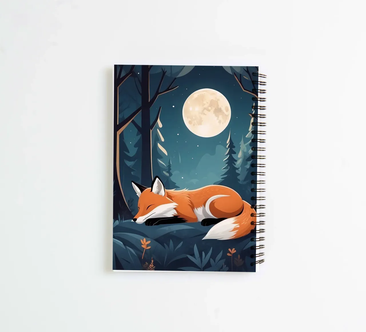 Fox rests peacefully under the moonlight in a dense forest spiral notebook by DesignDoodle