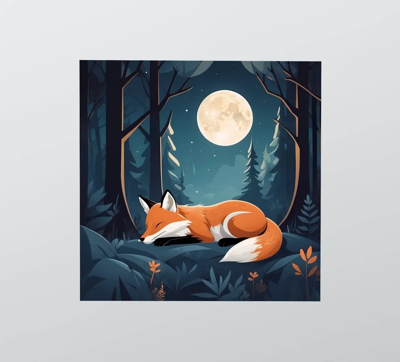 Un renard se repose paisiblement au clair de lune dans une forêt dense. autocollant de DesignDoodle