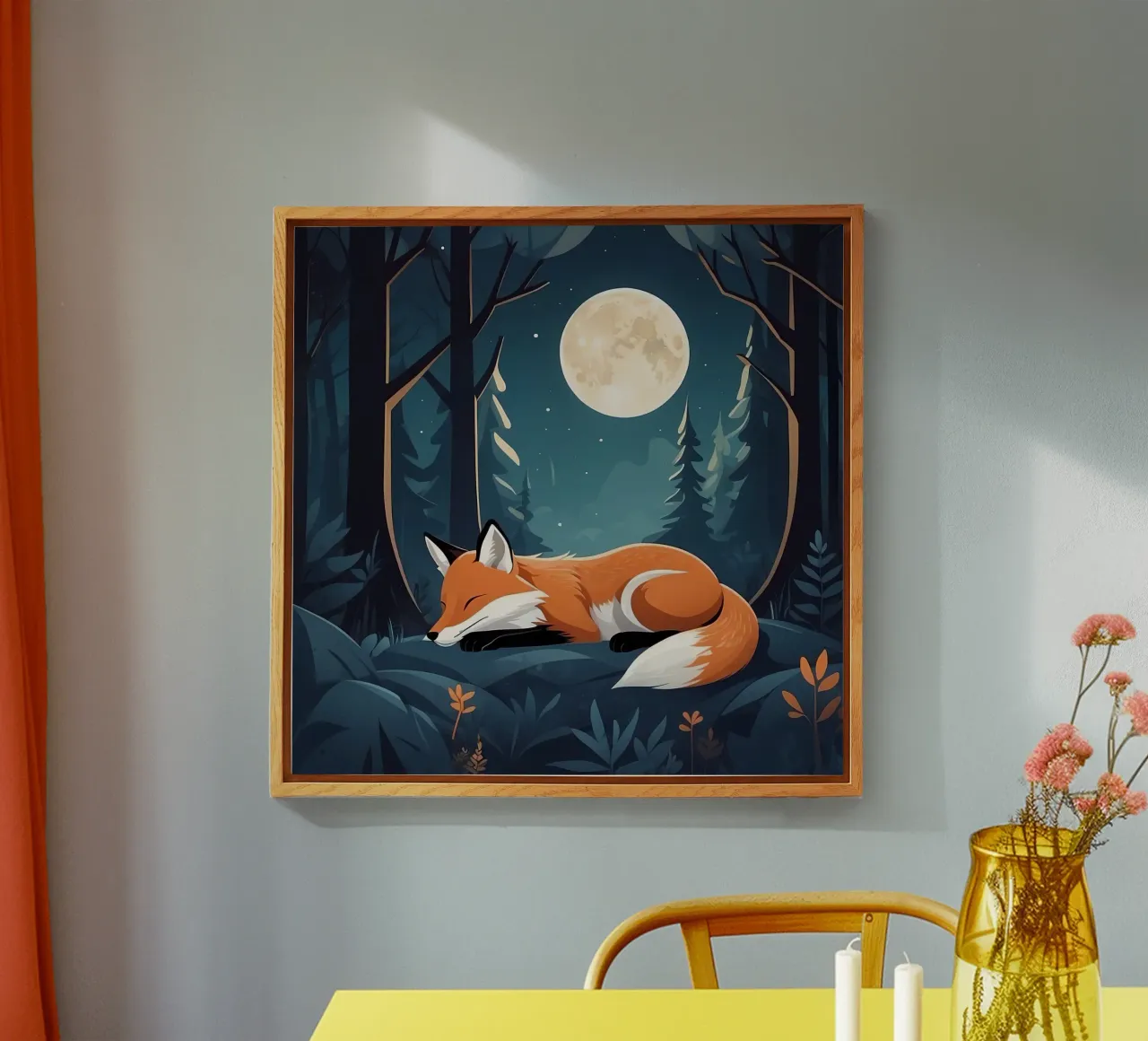 Un renard se repose paisiblement au clair de lune dans une forêt dense. plexiglas de DesignDoodle