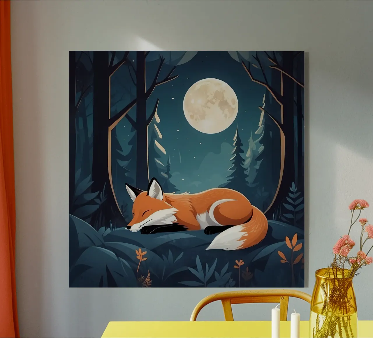 Un renard se repose paisiblement au clair de lune dans une forêt dense. plexiglas de DesignDoodle
