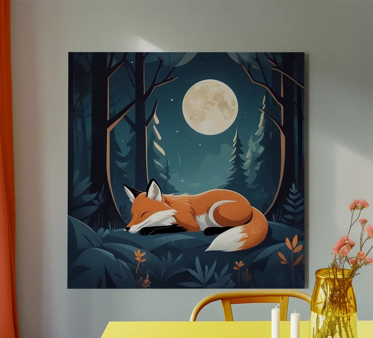 La volpe riposa tranquillamente al chiaro di luna in una fitta foresta alluminio dibond da DesignDoodle