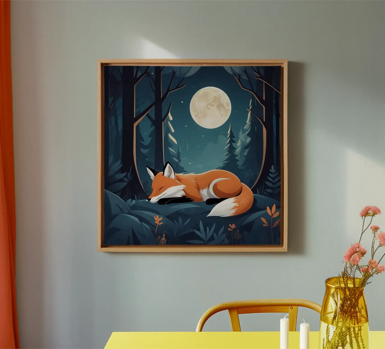Fox rests peacefully under the moonlight in a dense forest canvas by DesignDoodle