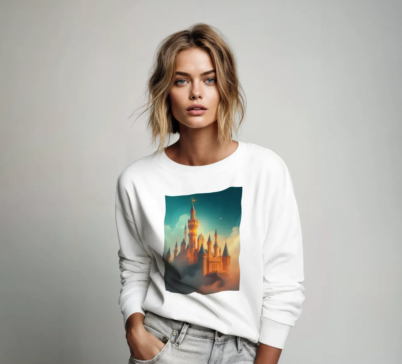 Majestic castle emerging through clouds at twilight sweatshirt by DesignDoodle