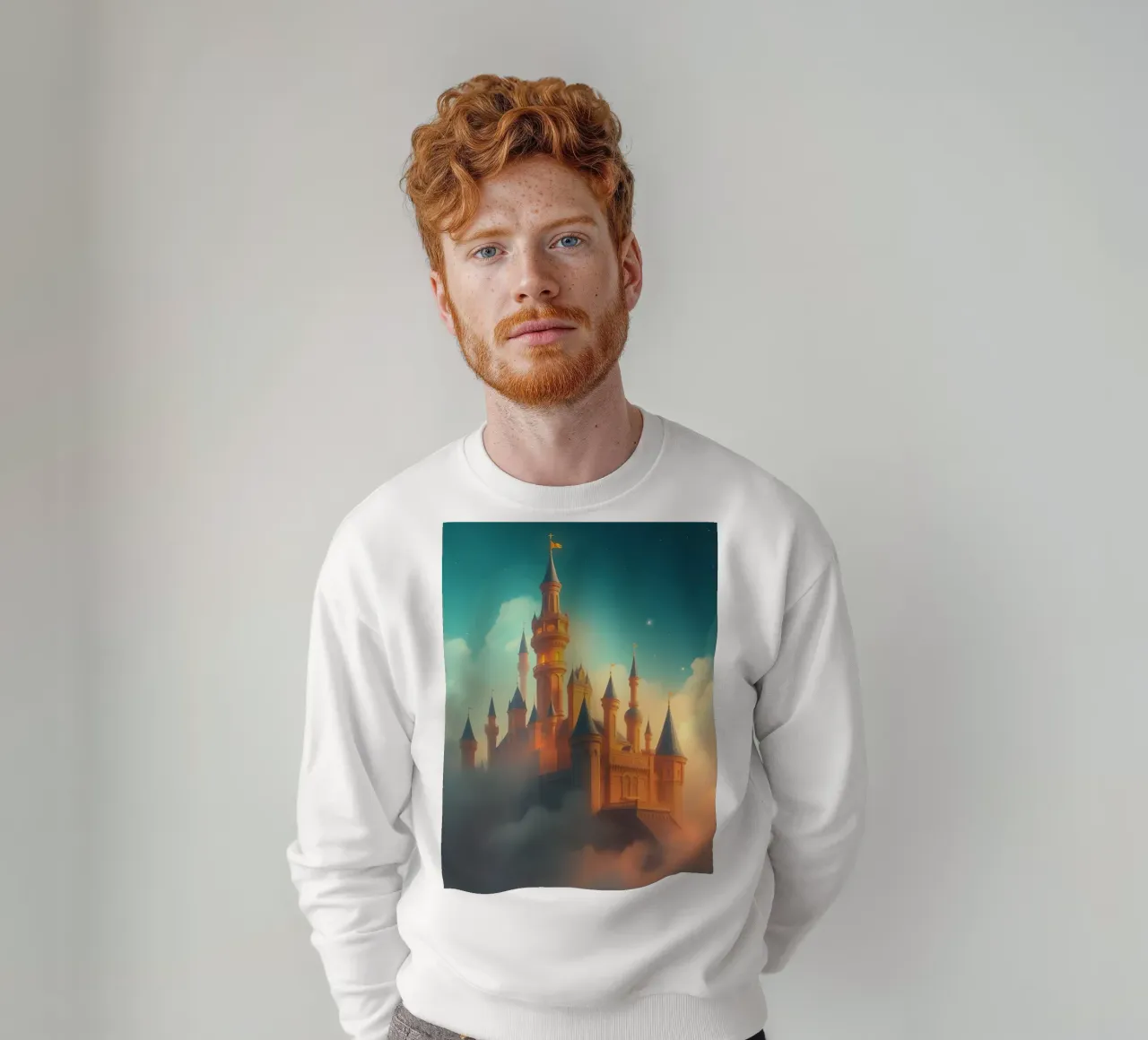 Majestic castle emerging through clouds at twilight sweatshirt by DesignDoodle