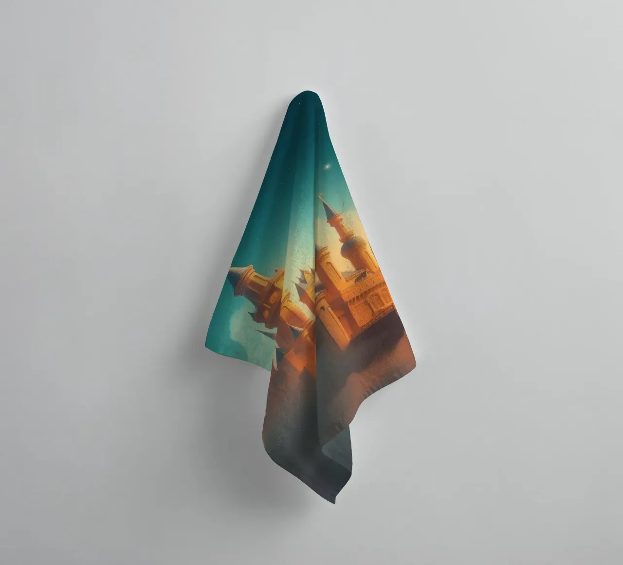 Majestic castle emerging through clouds at twilight towel by DesignDoodle