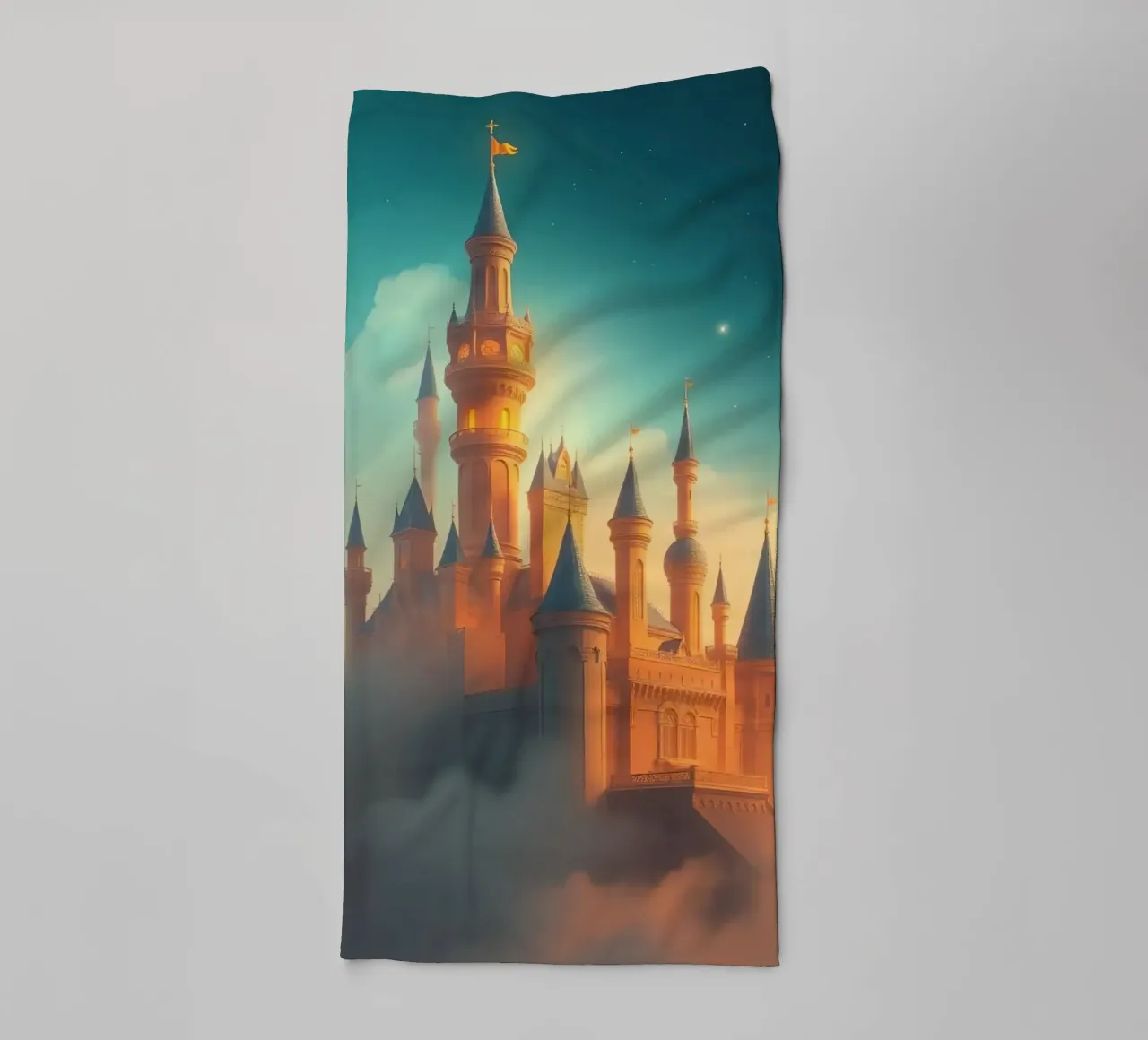 Majestic castle emerging through clouds at twilight towel by DesignDoodle