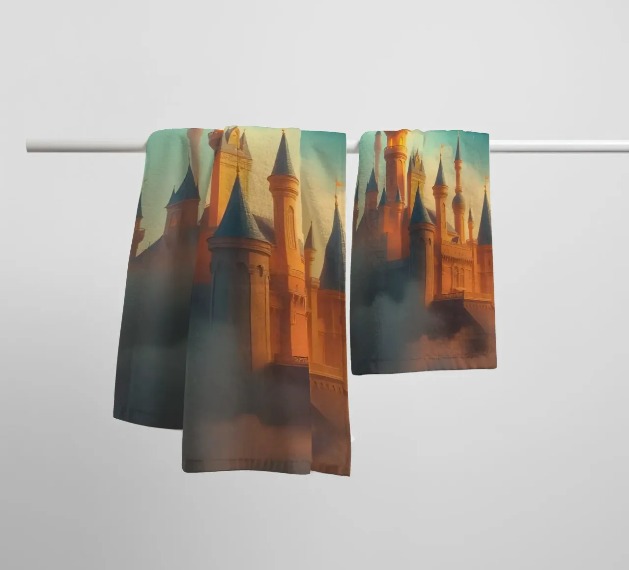 Majestic castle emerging through clouds at twilight towel by DesignDoodle
