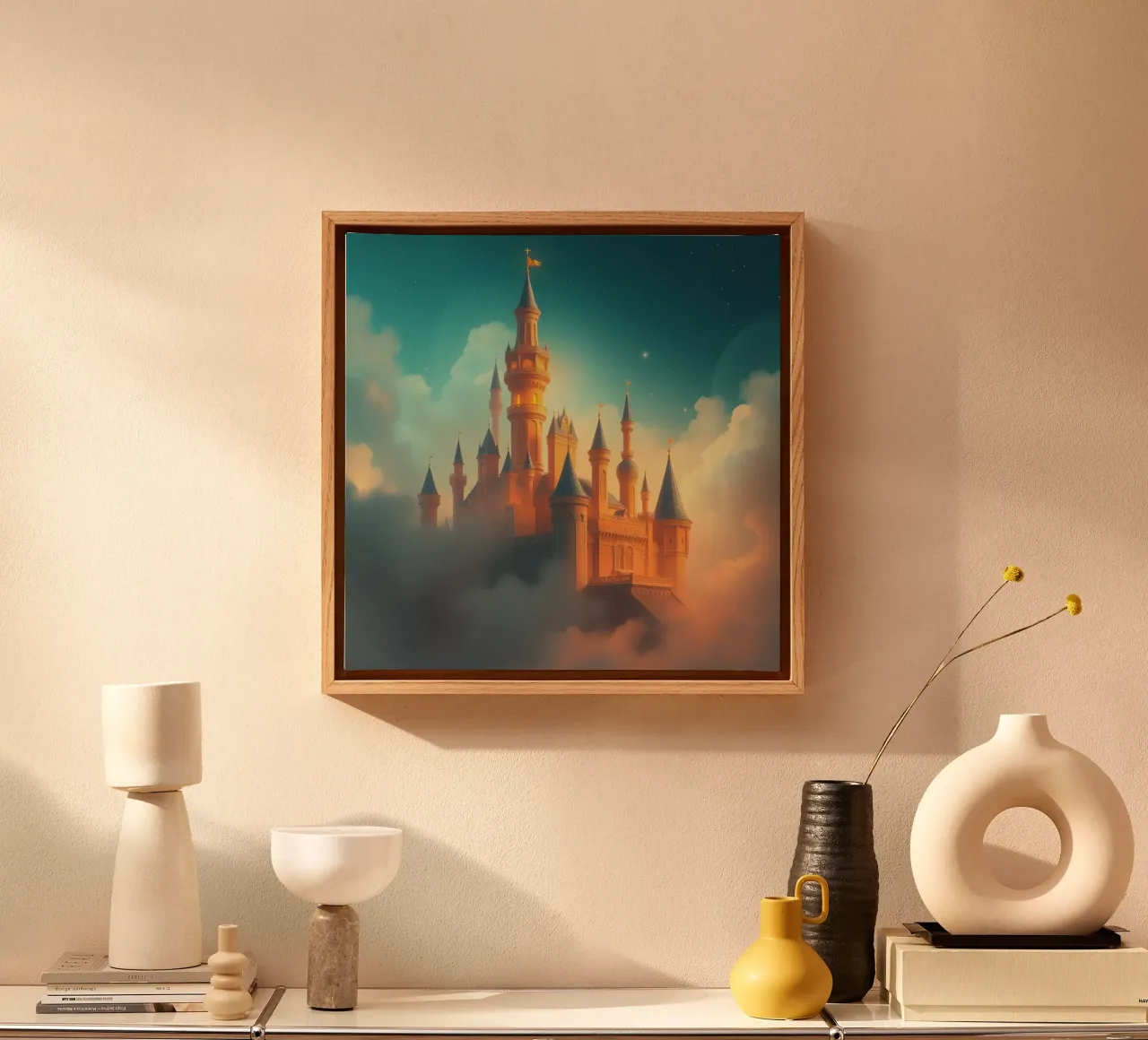 Majestic castle emerging through clouds at twilight canvas by DesignDoodle