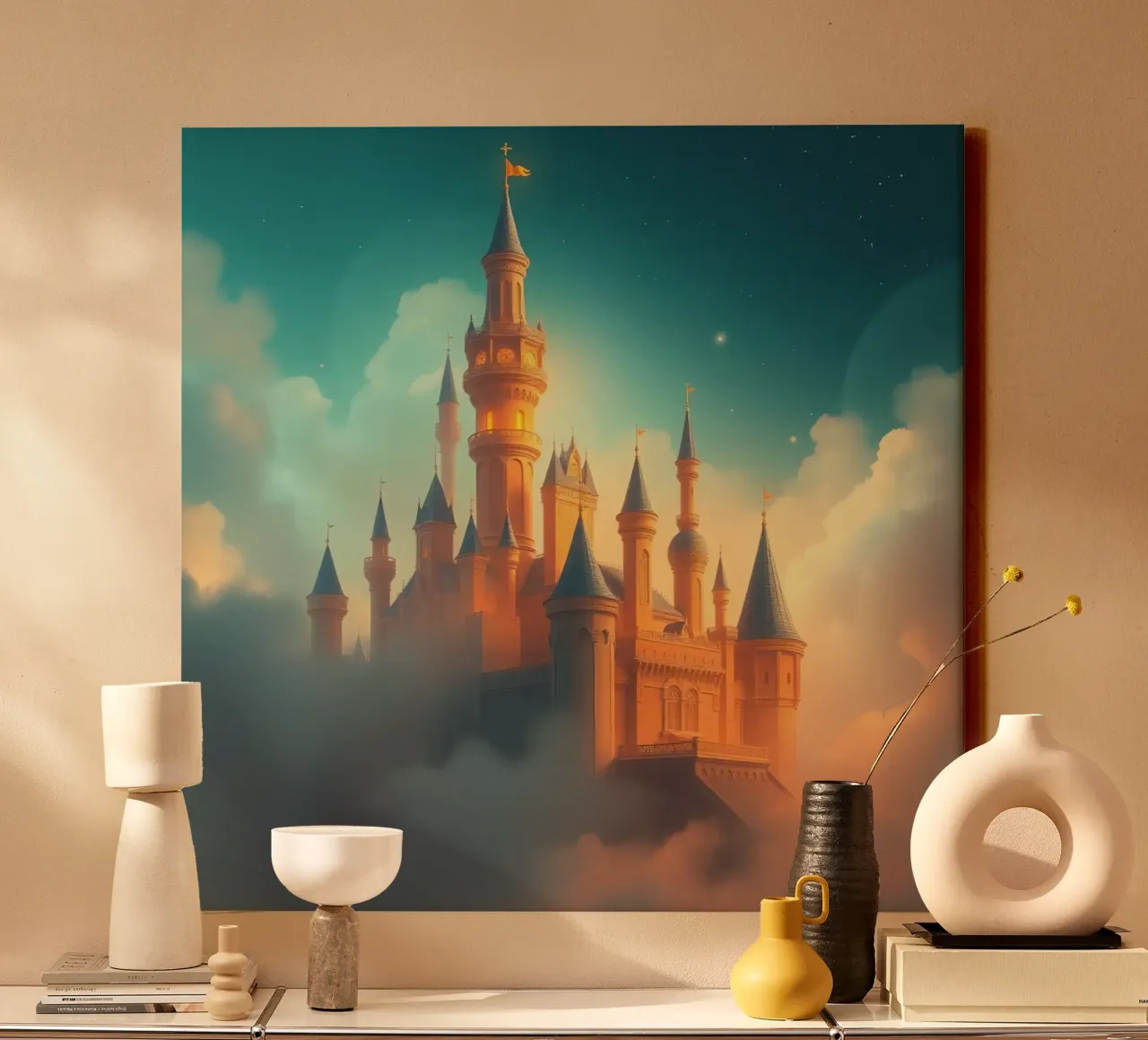 Majestic castle emerging through clouds at twilight canvas by DesignDoodle