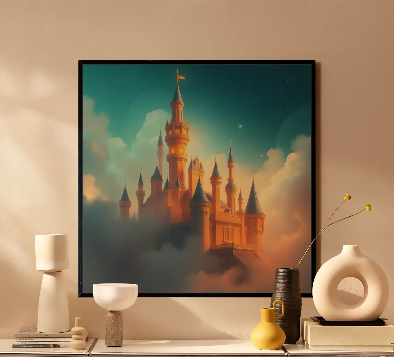 Majestic castle emerging through clouds at twilight hahnemühle by DesignDoodle