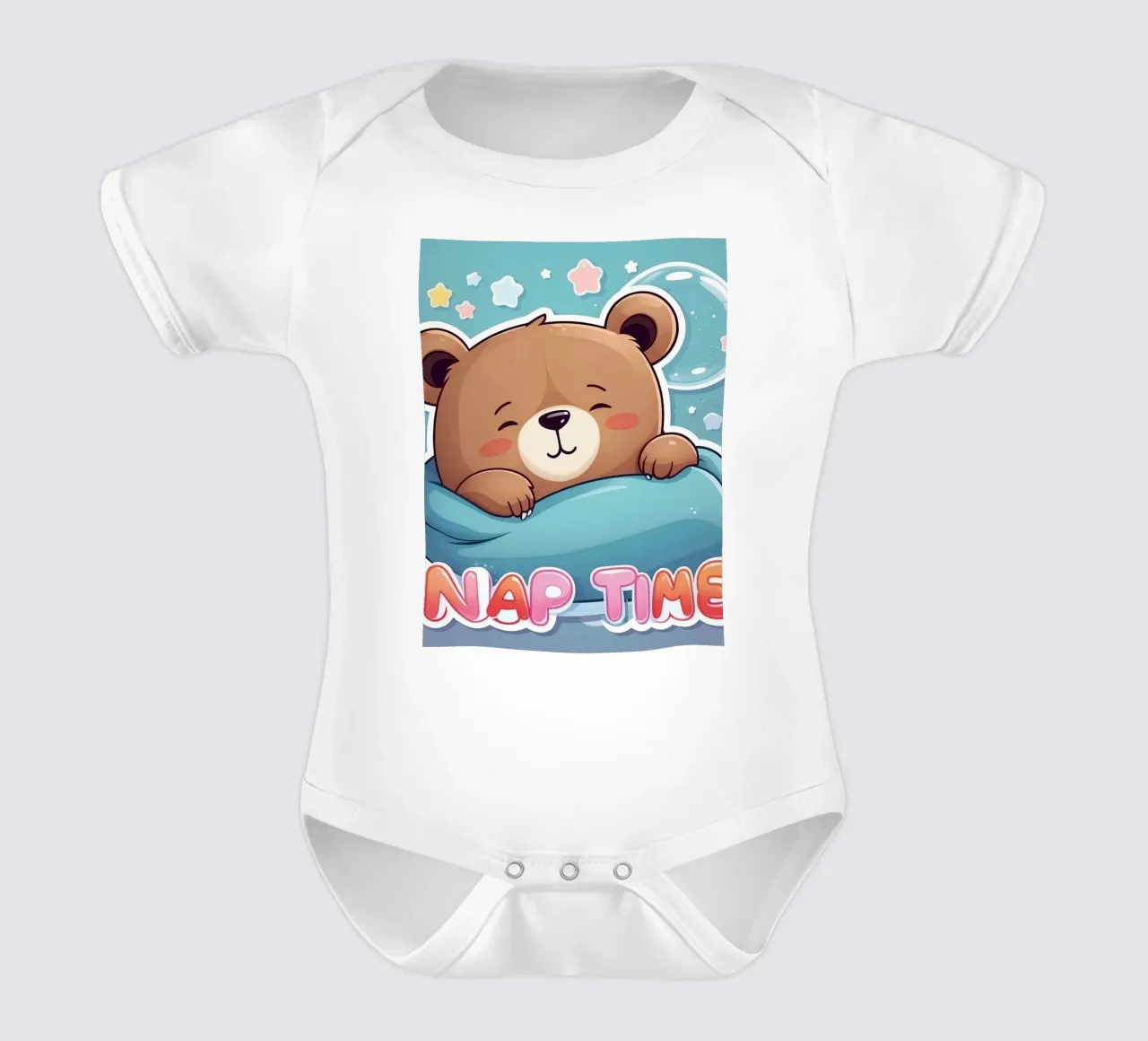 Simpatico orso dei cartoni animati che fa un pisolino in una coperta accogliente body neonato maniche corte da DesignDoodle