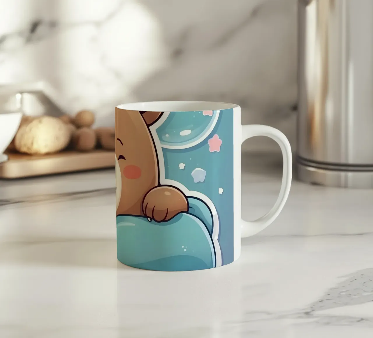 Simpatico orso dei cartoni animati che fa un pisolino in una coperta accogliente tazza in ceramica da DesignDoodle