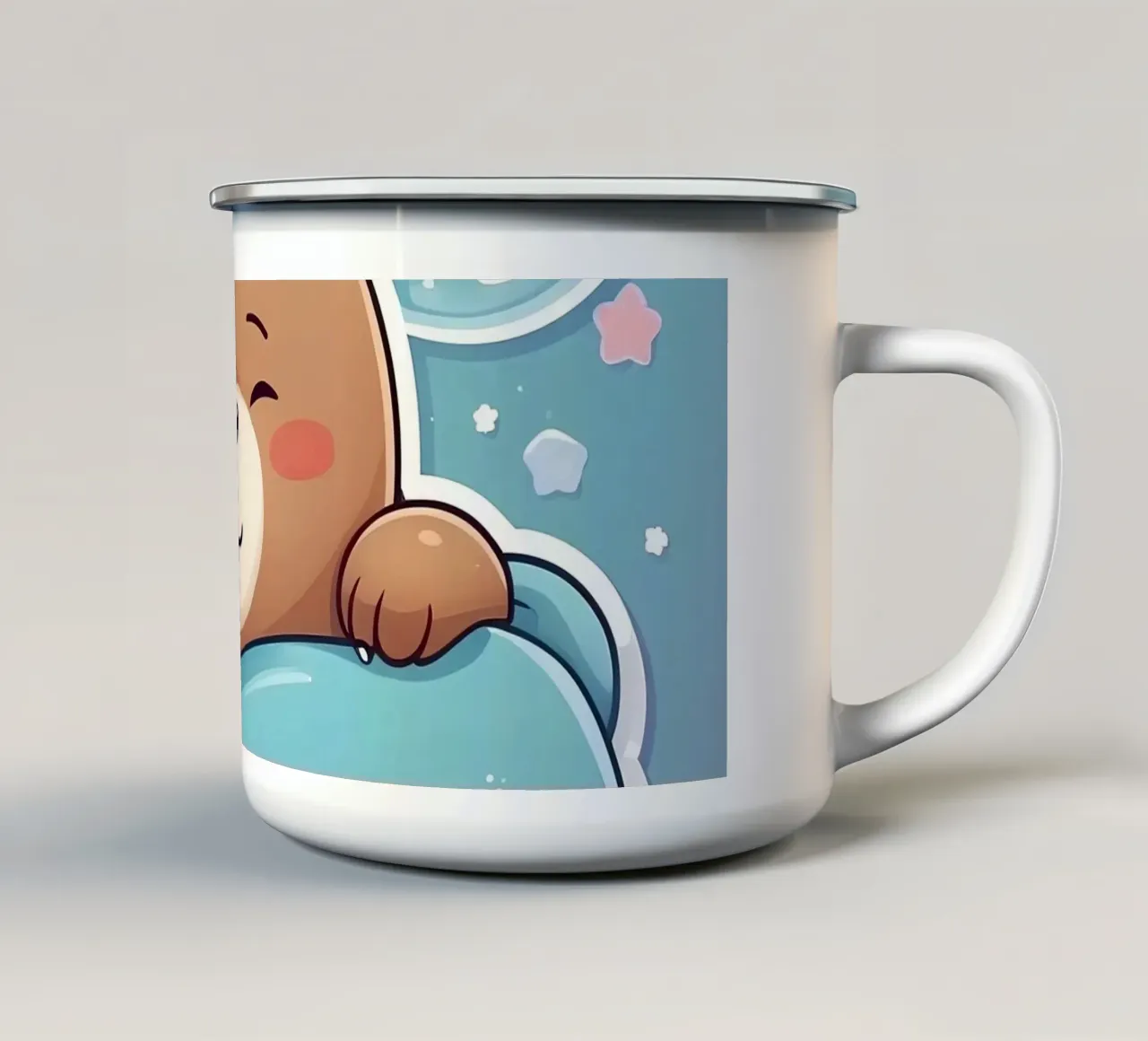 Simpatico orso dei cartoni animati che fa un pisolino in una coperta accogliente tazza in smalto da DesignDoodle