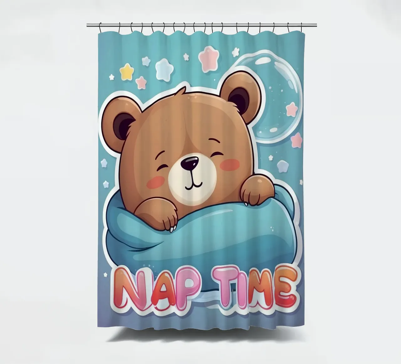 Simpatico orso dei cartoni animati che fa un pisolino in una coperta accogliente tenda da doccia da DesignDoodle