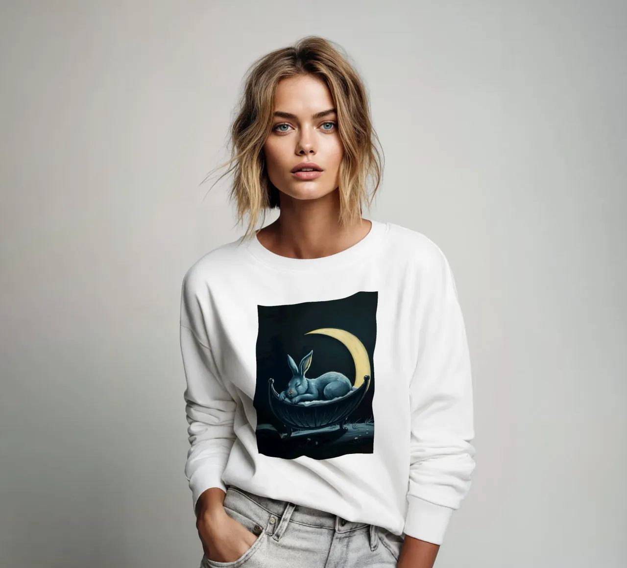 Scena notturna che ritrae un coniglio pacificamente addormentato in una culla felpa da DesignDoodle