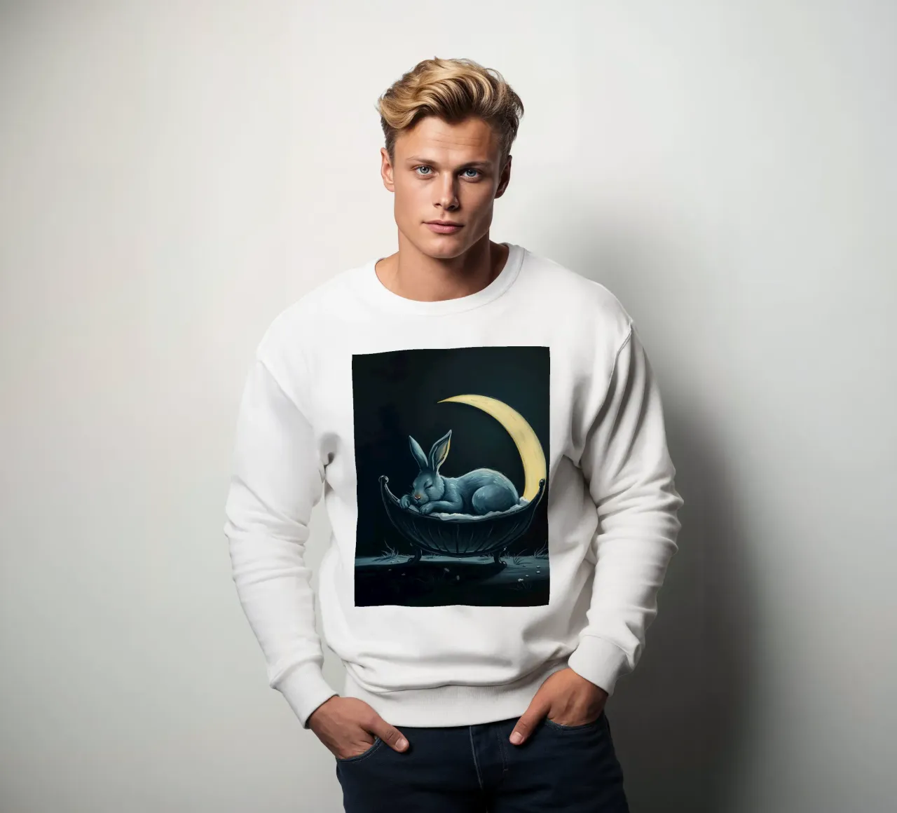 Scena notturna che ritrae un coniglio pacificamente addormentato in una culla felpa da DesignDoodle