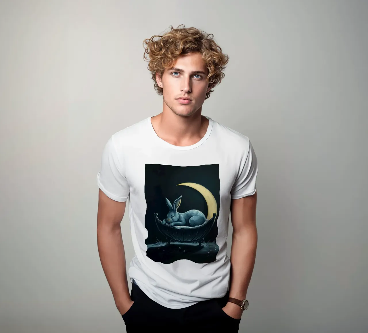 Scena notturna che ritrae un coniglio pacificamente addormentato in una culla t-shirt da DesignDoodle