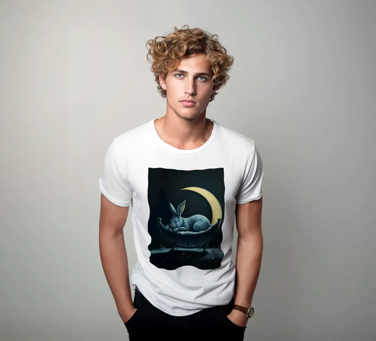 Escena nocturna que representa a un conejo plácidamente dormido en una cuna camiseta de DesignDoodle