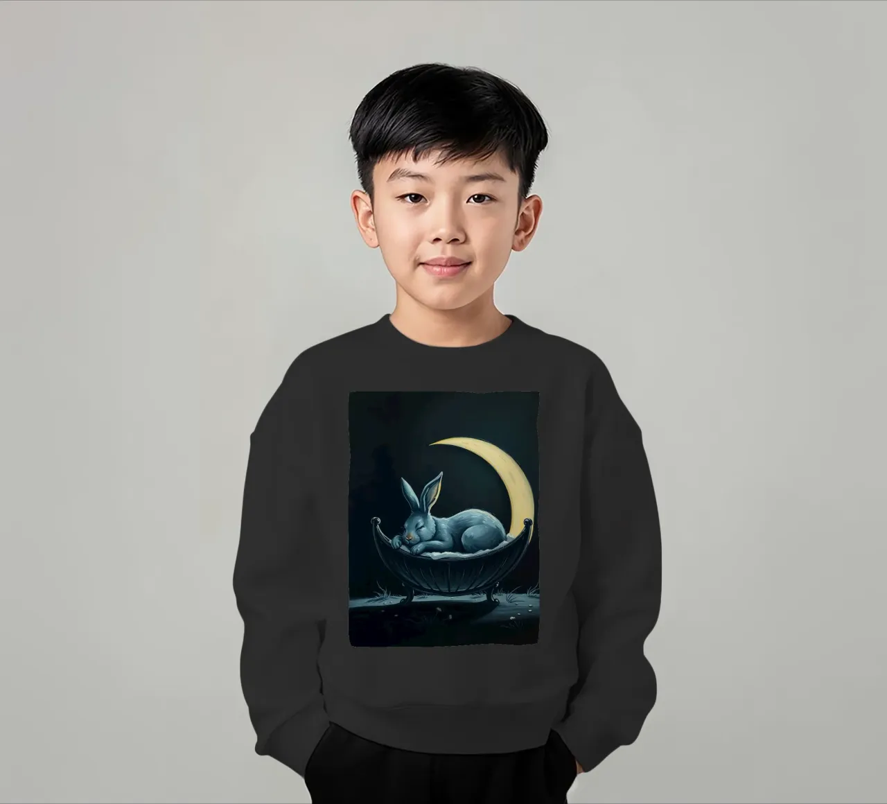 Scena notturna che ritrae un coniglio pacificamente addormentato in una culla felpa bambino da DesignDoodle