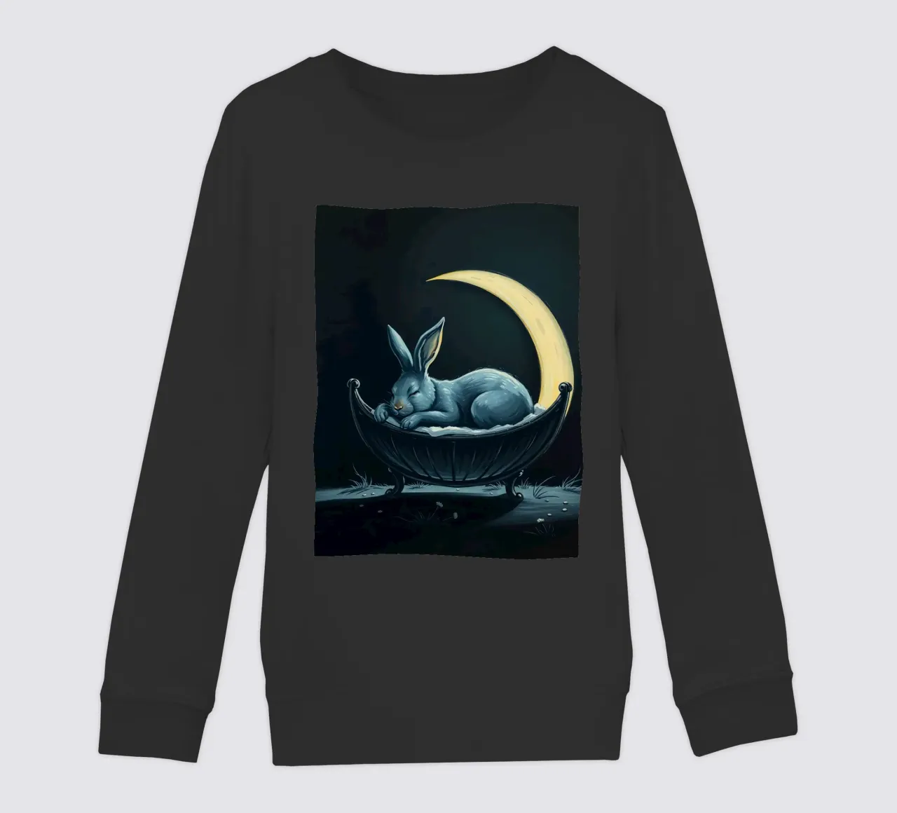 Scena notturna che ritrae un coniglio pacificamente addormentato in una culla felpa bambino da DesignDoodle