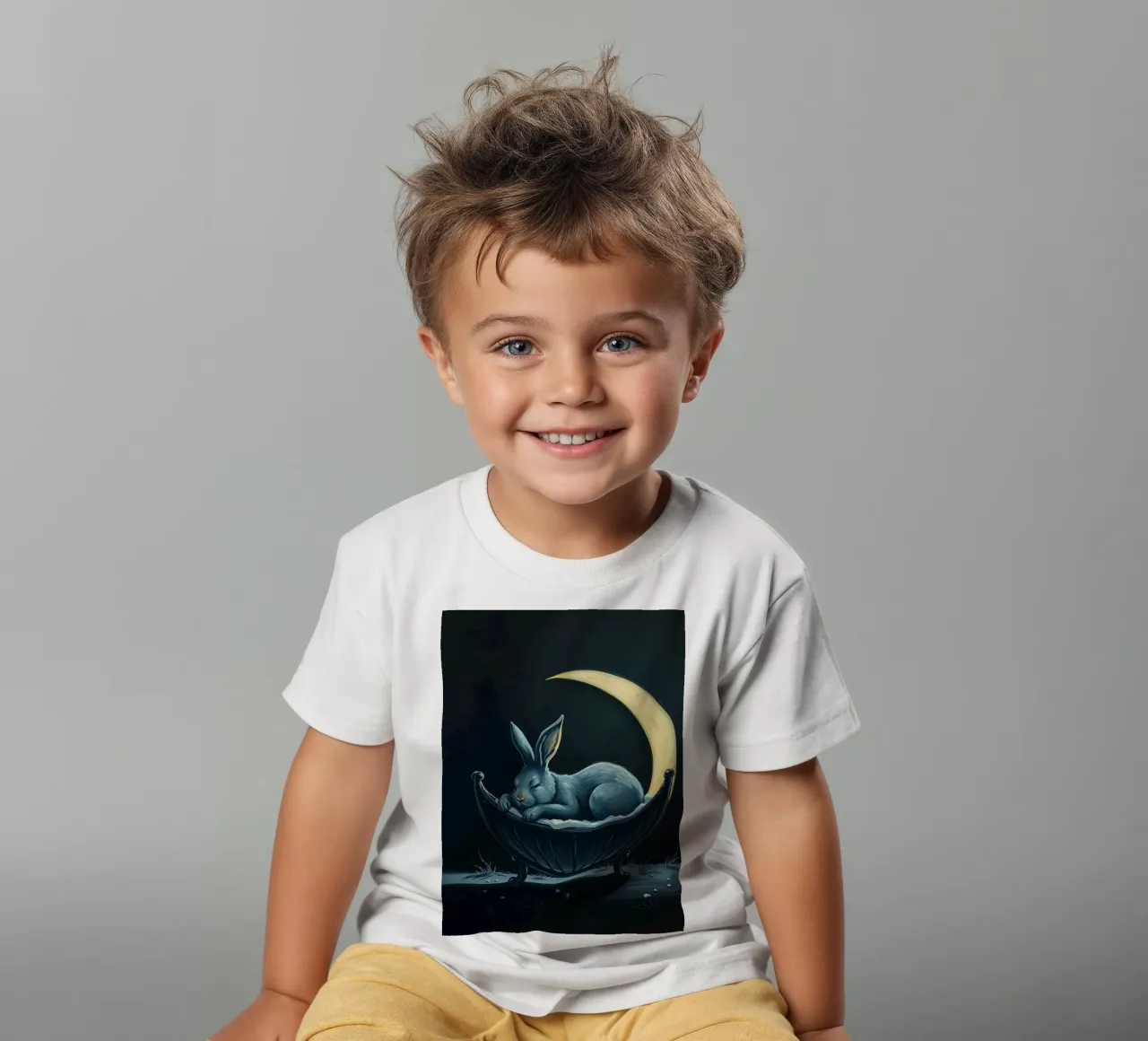 Scena notturna che ritrae un coniglio pacificamente addormentato in una culla t-shirt bambini da DesignDoodle