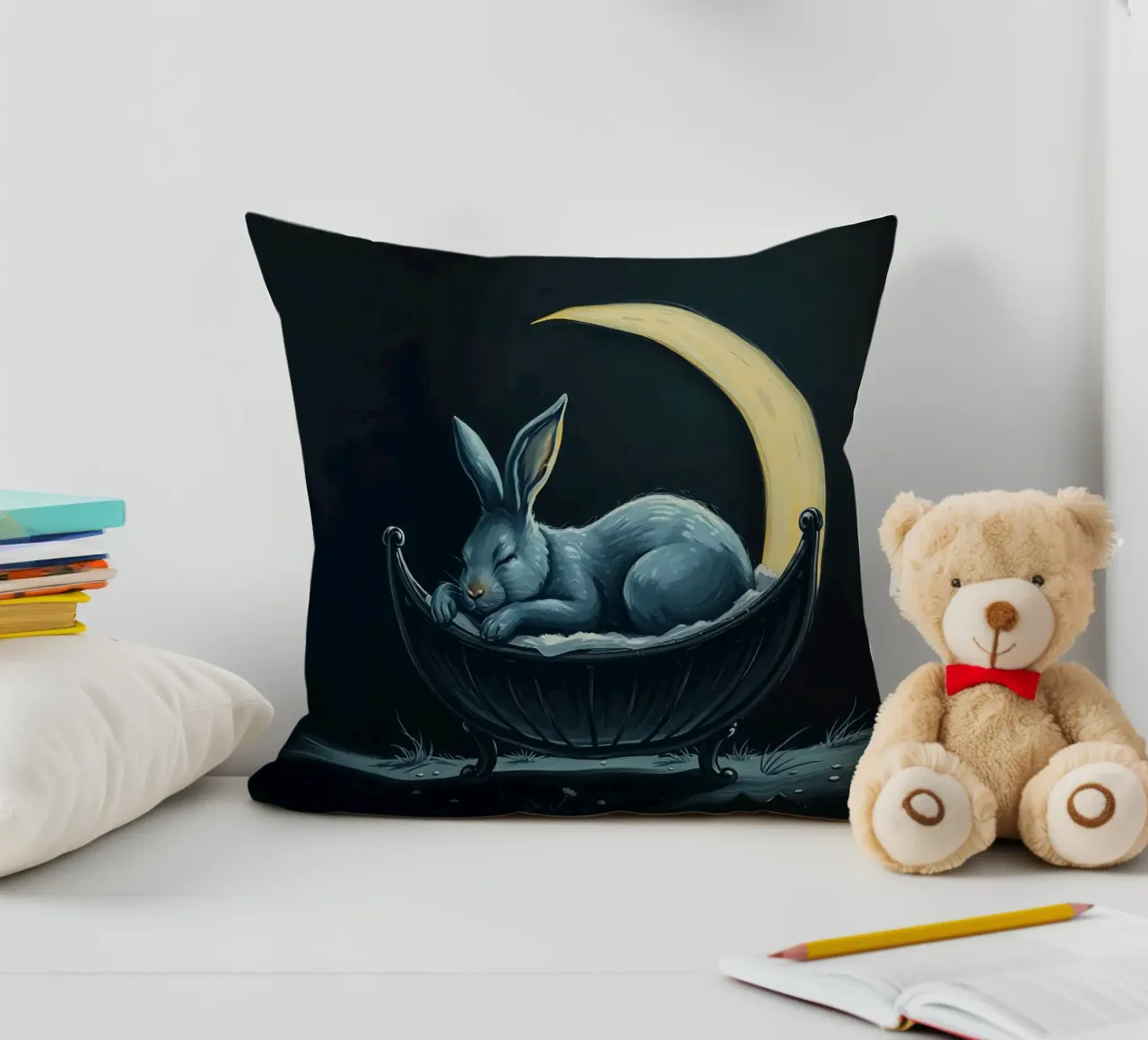 Scena notturna che ritrae un coniglio pacificamente addormentato in una culla cuscino da DesignDoodle