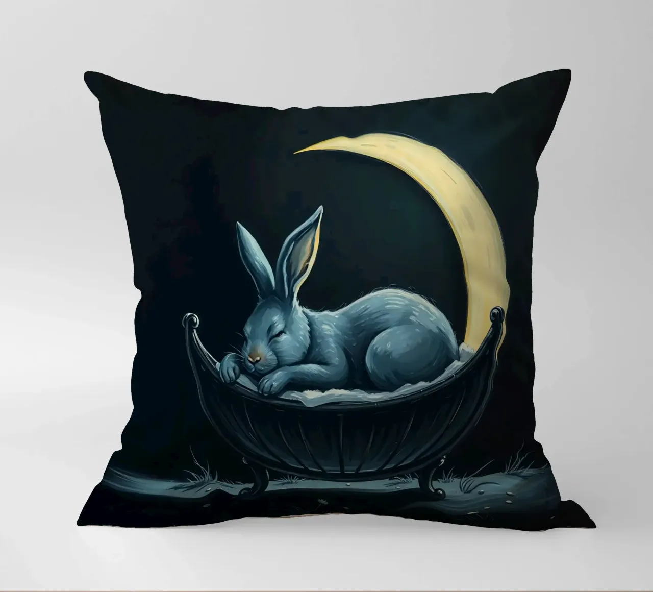 Scena notturna che ritrae un coniglio pacificamente addormentato in una culla cuscino da DesignDoodle