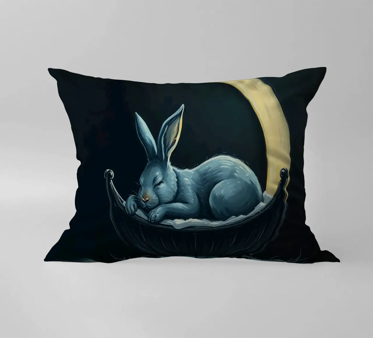 Scena notturna che ritrae un coniglio pacificamente addormentato in una culla cuscino da DesignDoodle