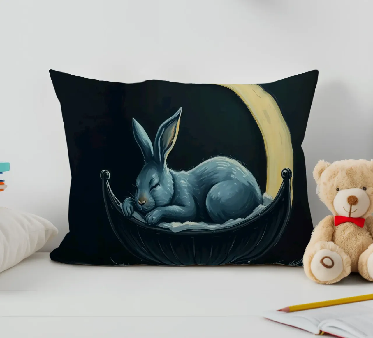 Scena notturna che ritrae un coniglio pacificamente addormentato in una culla cuscino da DesignDoodle