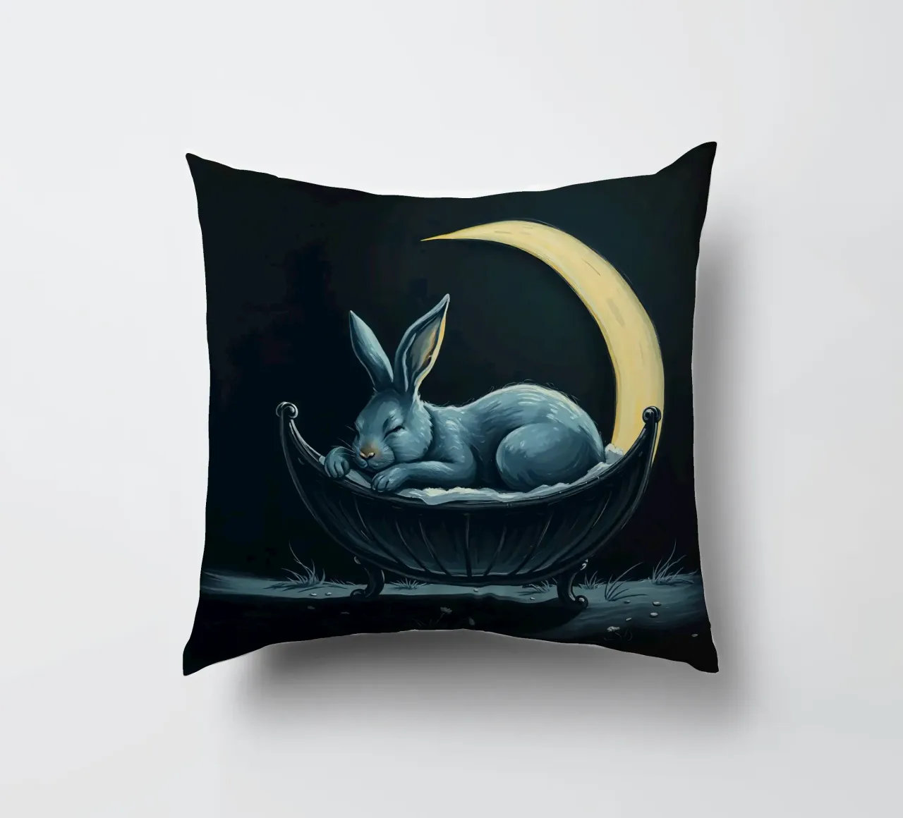 Scena notturna che ritrae un coniglio pacificamente addormentato in una culla cuscino da DesignDoodle