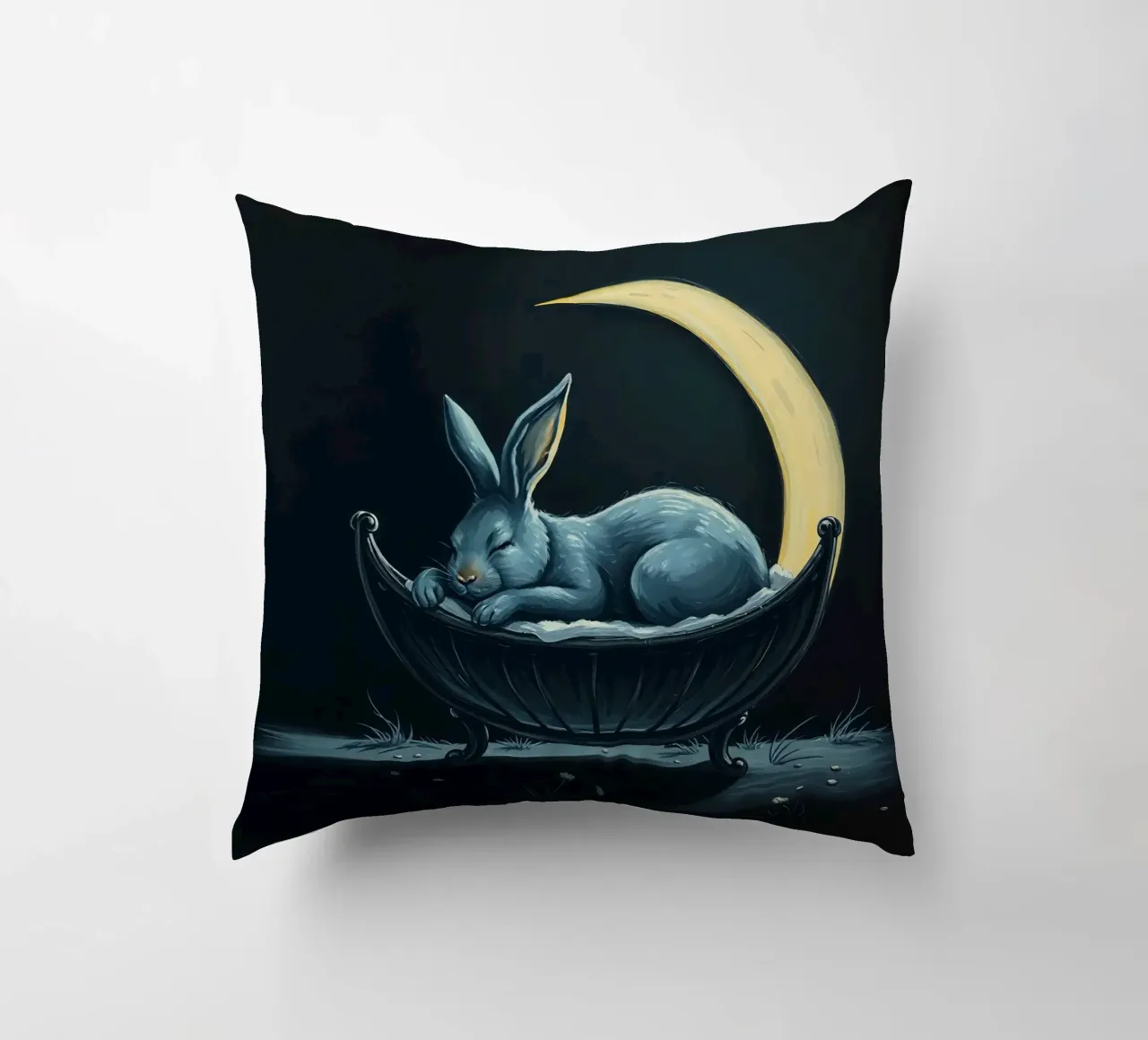 Scena notturna che ritrae un coniglio pacificamente addormentato in una culla cuscino da DesignDoodle