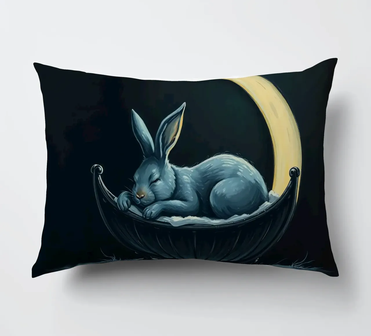 Scena notturna che ritrae un coniglio pacificamente addormentato in una culla cuscino da DesignDoodle